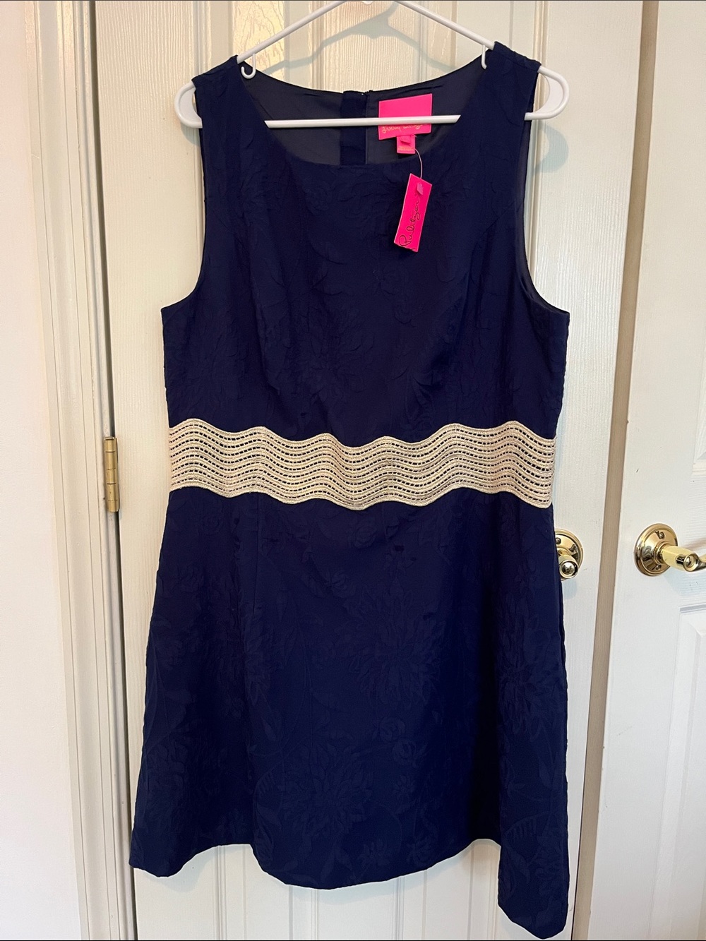 Lilly Pulitzer Navy Sleeveless Dress with gold embellishment lined with pockets